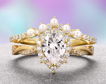 Simulated Diamond Engagement Ring Set Pear Cut Freshwater Pearl Band 14K Yellow Gold Vermeil