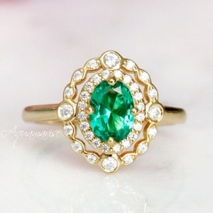Vintage Green Emerald Ring 14K Yellow Gold Vermeil Emerald Engagement ...