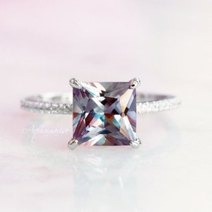 Princess Cut Alexandrite Ring- Sterling Silver 3CT Alexandrite Engagement Ring For Women- Promise Ring- Color Changing Stone-June Birthstone