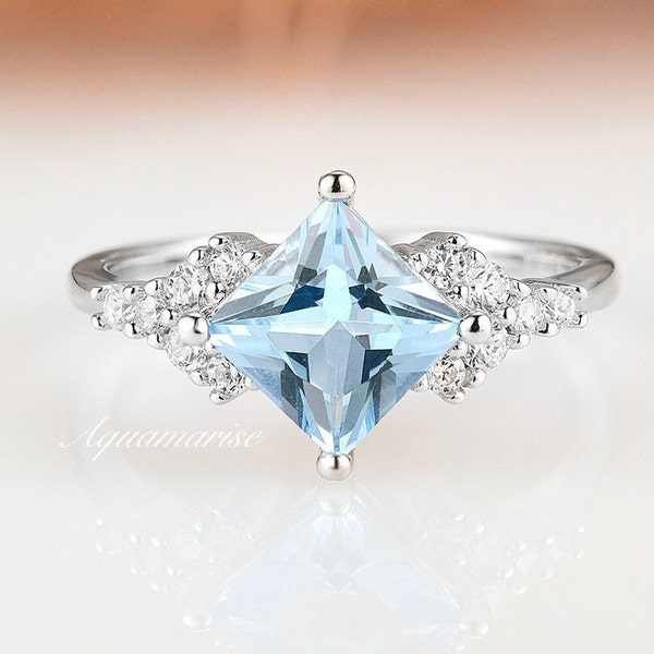 Princess Cut Aquamarine Ring- 925 Sterling Silver Gemstone Engagement Ring For Women Promise Ring March Birthstone- Anniversary Gift For Her