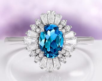 London Blue Topaz Ring Art Deco Oval Engagement Ring Sterling Silver Vintage Style