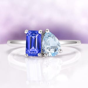 Sapphire and Aquamarine Ring in 925 Sterling Silver- Toi Et Moi Modern Engagement Ring- Unique Promise Ring- Vintage Minimalist Ring For Her