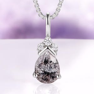 Galaxy Raw Salt & Pepper Diamond Necklace in 925 Sterling Silver Teardrop- Natural Herkimer Diamond Unique Jewelry Anniversary Gift For Her