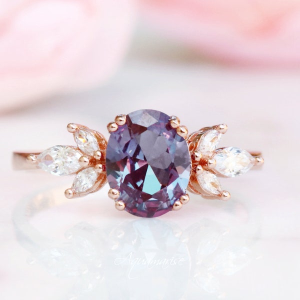 Eva Alexandrite Ring- 14K Rose Gold Vermeil Ring- Engagement Ring Promise Ring Color Changing Stone June Birthstone Anniversary Gift For Her