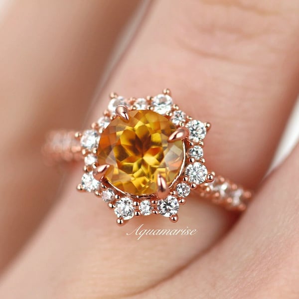 Aster Citrine Ring- 14K Rose Gold Vermeil Ring - Snowflake Natural Citrine Yellow Gemstone-November Birthstone- Oval Halo Ring- Gift for Her