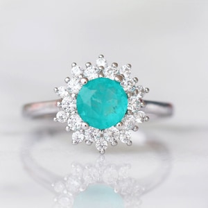 Paraiba Tourmaline Ring- Sterling Silver Brazilian Paraiba Engagement Ring For Women Promise Ring Neon Turquoise Gemstone October Birthstone