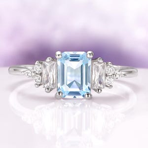 Emerald Cut Aquamarine Engagement Ring in 925 Sterling Silver- Unique Dainty Promise Ring- March Birthstone- Anniversary Gift for Her