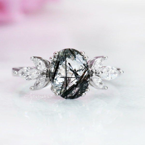 Eva Black Rutilated Quartz Ring- Sterling Silver Ring- Natural Quartz Ring- April Birthstone- Vintage Oval Ring- Anniversary Gift For Her