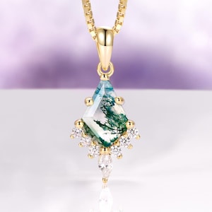Skye Kite Green Moss Agate Necklace For Women 14K Yellow Gold Vermeil Natural Agate Pendant Unique Birthstone Jewelry Anniversary Gift Idea