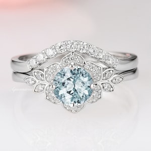 Natural Aquamarine Ring Set- Sterling Silver Engagement Rings Bridal Wedding Ring Sets-  Flower Aquamarine Promise Ring- March Birthstone