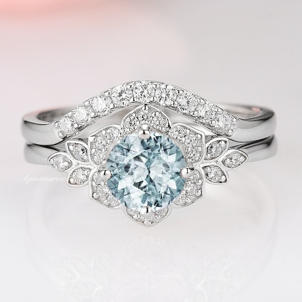 Natural Aquamarine Ring Set- Sterling Silver Engagement Rings Bridal Wedding Ring Sets-  Flower Aquamarine Promise Ring- March Birthstone