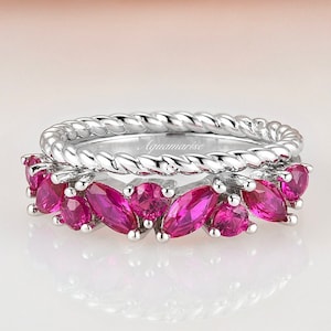 Marquise Ruby Ring Set- Sterling Silver Ruby Wedding Band- Engagement Ring For Women- July Birthstone- Anniversary Birthday Gift For Her