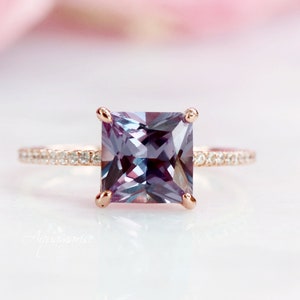 Princess Cut Alexandrite Ring 14K Rose Gold Vermeil Gemstone Engagement Ring For Women Promise Ring June Birthstone Anniversary Gift For Her image 1