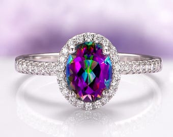 Mystic Topaz Ring Oval Halo Engagement Ring Sterling Silver Rainbow Gemstone