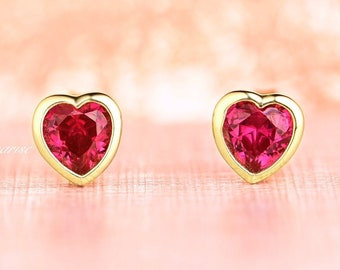 Heart Ruby Earrings- 14K Gold Vermeil Ruby Earrings- Genuine Ruby Stud Earrings- July Birthstone Jewelry- Anniversary Gift- Birthday Gift