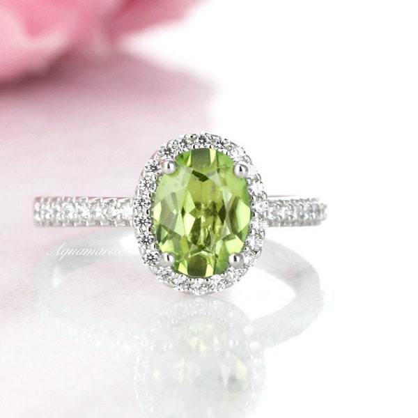 Natural Peridot Ring- Sterling Silver Engagement Promise Ring For Women Green Gemstone- August Birthstone- Anniversary Birthday Gift for Her