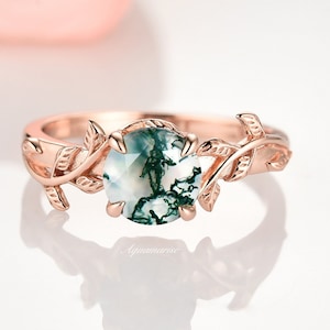 Natural Moss Agate Engagement Ring For Women- Alternative Engagement Ring Nature Inspired Leaf Ring Anniversary Rings 14K Rose Gold Vermeil