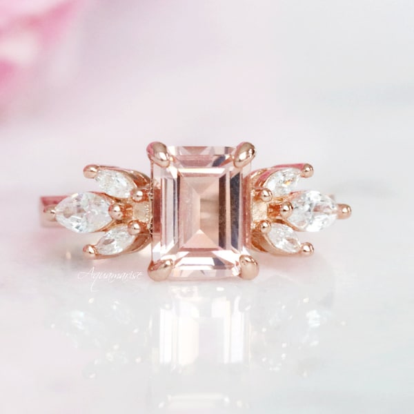 Eva Morganite Ring- 14K Rose Gold Vermeil Emerald Cut Peachy Pink Morganite Engagement Promise Ring- Anniversary Birthday Gift For Her