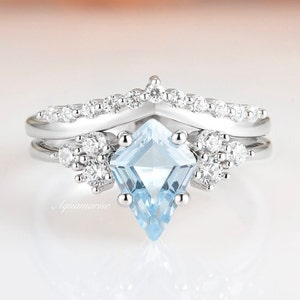 Kite Cut Aquamarine Ring Set- Sterling Silver Ring- March Birthstone- Aquamarine Engagement Ring- Promise Ring-Anniversary Gift For Her