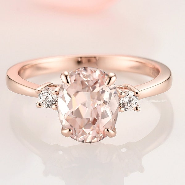 Oval Morganite Ring- 14K Rose Gold Vermeil 3 Stone Engagement Ring For Women- Pink Gemstone Promise Ring Anniversary Birthday Gift For Her