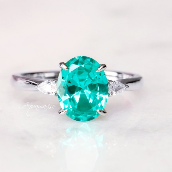 Oval Paraiba Tourmaline Ring- Sterling Silver Engagement Ring For Women - Promise Ring Neon Turquoise Teal Gemstone Ring October Birthstone
