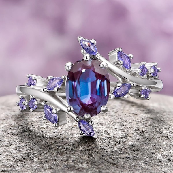 Alexandrite & Sapphire Engagement Ring For Women- 925 Sterling Silver Fairy Leaf Promise Ring- September/ June Birthstone- Anniversary Gift