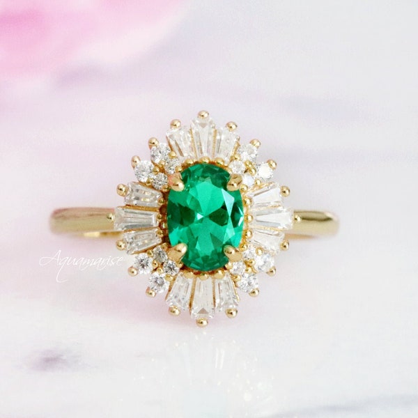 Victoria Emerald Ring- 14K Gold Vermeil Art Deco Engagement Ring For Women- Promise Ring- May Birthstone- Anniversary Birthday Gift For Her