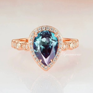 Teardrop Alexandrite Ring- 14K Rose Gold Vermeil Gemstone Engagement Ring For Women- Vintage Promise Ring- June Birthstone- Gift For Her