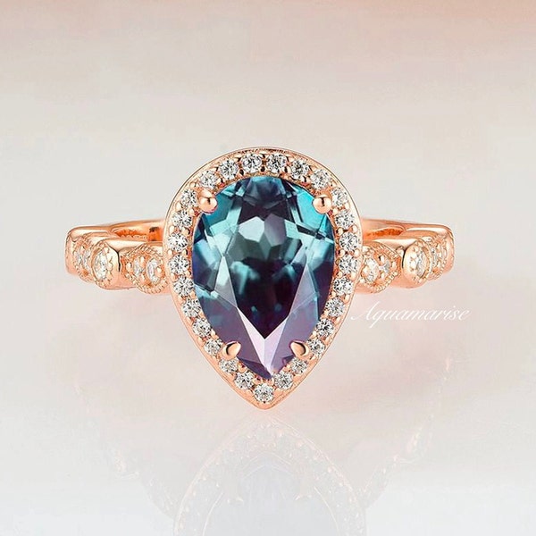 Teardrop Alexandrite Ring- 14K Rose Gold Vermeil Gemstone Engagement Ring For Women- Vintage Promise Ring- June Birthstone- Gift For Her