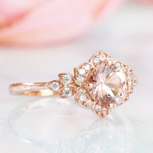 Vintage Morganite Ring Set- 14K Rose Gold Vermeil Peachy Pink Morganite Engagement Ring For Women- Promise Ring Anniversary Gift For Her