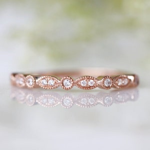 10K 14K 18K Solid Rose Gold Diamond Wedding Band- Art Deco Wedding Band- Vintage Wedding Band-Stacking Ring-Milgrain Design Gift For Her