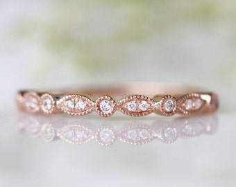 10K 14K 18K Solid Rose Gold Diamond Wedding Band- Art Deco Wedding Band- Vintage Wedding Band-Stacking Ring-Milgrain Design Gift For Her