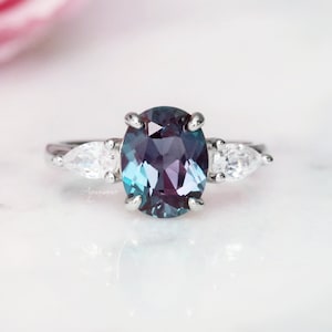 Oval Alexandrite Engagement Ring in 925 Sterling Silver- Unique Dainty Color Changing Promise Ring- June Birthstone Anniversary Gift For Her