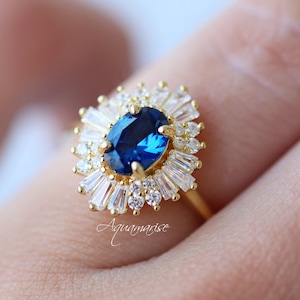 Victoria Blue Sapphire Ring- 14K Yellow Gold Vermeil Vintage Engagement Promise Ring For Women September Birthstone Anniversary Gift For Her