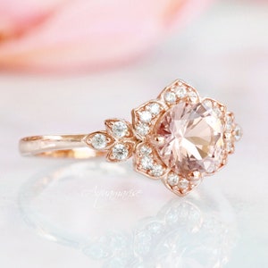 14K Solid Rose Gold Morganite Engagement Ring -Vintage Morganite Ring  Art Deco Promise Ring Pink Gemstone Anniversary Birthday Gift For Her