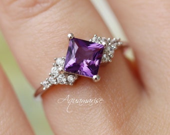 Natural Amethyst Ring- 925 Sterling Silver Princess Cut Engagement Ring For Women Promise Ring February Birthstone- Anniversary Gift For Her