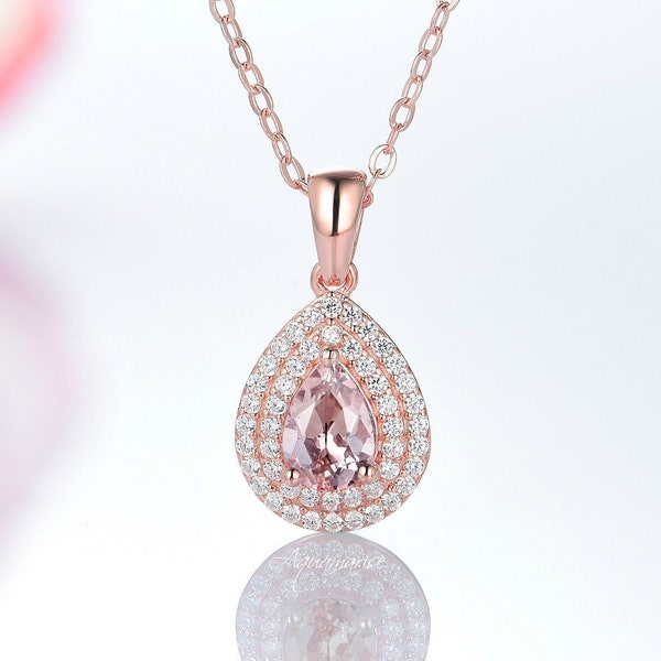 Teardrop Morganite Necklace- 14K Rose Gold Vermeil Double Halo Morganite Pendant Necklace For Women- Anniversary Gift- Birthday Gift For Her