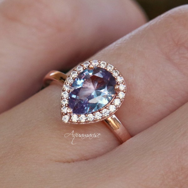 Teardrop Alexandrite Ring- 14K Rose Gold Vermeil Gemstone Engagement Ring For Women- Promise Ring- Color Changing Gemstone- June Birthstone