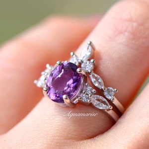 Natural Amethyst Ring Set- 925 Sterling Silver Purple Amethyst Engagement Ring For Women Promise Ring- February Birthstone Anniversary Gift
