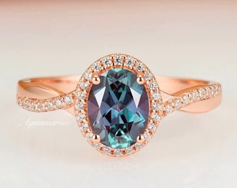 Gemma Oval Alexandrite Ring- 14K Rose Gold Vermeil Ring Green & Purple Alexandrite Engagement Ring Promise Ring June Birthstone Gift For Her