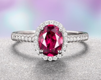 Lab Grown Ruby Engagement Ring Oval Cut Sterling Silver July Birthstone