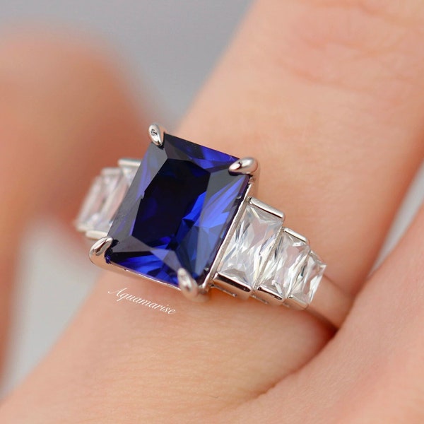 Blue Sapphire Ring Sterling Silver Gemstone Emerald Cut Engagement Ring For Women Promise Ring September Birthstone Anniversary Gift For Her
