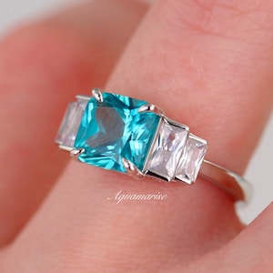 Princess Cut Teal Sapphire Ring- Sterling Silver Sapphire Engagement Ring For Women- Unique Dainty Promise Ring September Birthstone Jewelry