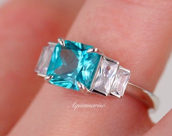 Princess Cut Teal Sapphire Ring- Sterling Silver Sapphire Engagement Ring For Women- Unique Dainty Promise Ring September Birthstone Jewelry