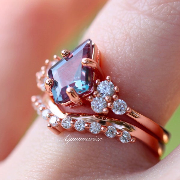 Kite Alexandrite Ring Set- 14K Rose Gold Vermeil Ring Set- Alexandrite Engagement Ring Promise Ring June Birthstone Unique Ring Gift For Her