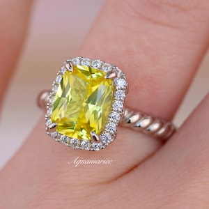 Lemon Yellow Sapphire Ring- Sterling Silver Engagement Ring For Women- Unique Promise Ring Elongated Cushion Cut Ring- September Birthstone-