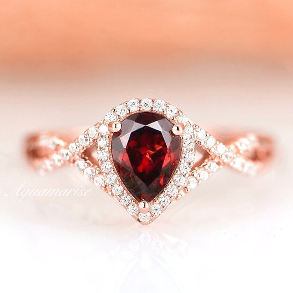 Natural Red Garnet Ring- 14K Rose Gold Vermeil Teardrop Engagement Ring For Women- Promise Ring January Birthstone  Anniversary Gift For Her