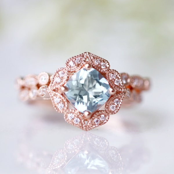 Art Deco Aquamarine Ring Set- 14k Rose Gold Vermeil Ring- Engagement Ring- Promise Ring- Vintage Inspired- Anniversary Birthday Gift For Her