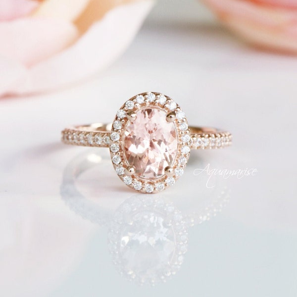 Oval Morganite Ring- 14K Rose Gold Vermeil Engagement Promise Ring bFor Women- Peachy Pink Gemstone Ring- AnniversaryBirthday Gift for Her