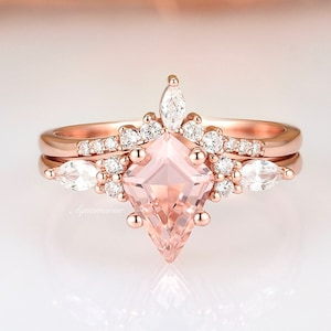 Skye Morganite Ring Set For Women- 14K Rose Gold Vermeil Peachy Pink Art Deco Unique Pink Engagement Promise Ring- Anniversary Gift For Her